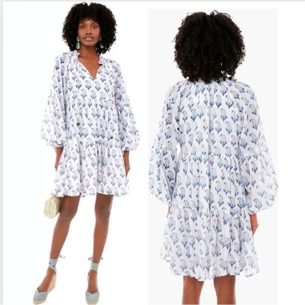 Oliphant Tiered White/Blue Tulip Print Flowy Mini Dress NWT Size XS